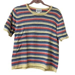 Christopher & Banks Vtg Women Sz Medium Blue Striped Short Sleeve Sweater Pastel